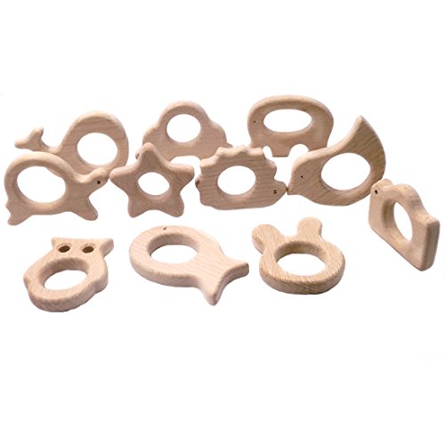 Coskiss 11pcs Organischer Baby-Zettel-hölzerner Teether Natürliches Zahnen-Greifen-Spielzeug-Baby-Dusche-Geschenk-Kleinkind-Zettel Neugeborenes Baby-Geschenk (Holzfarbe-11PCS) - 3