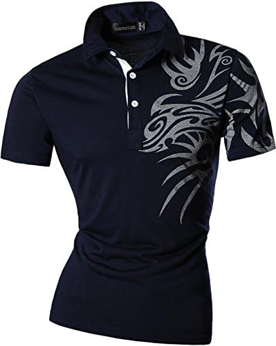 jeansian Men's Casual Slim Fit Short Sleeves Totem Prints POLO T-Shirts Tee Tops U010 Navy L