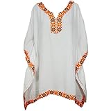 Indiatrendzs Women's Rayon Kaftan Tops Neck Embroidered Short Kaftan Cover Up (Chest 60)(White)