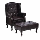  XINGLIEU Chesterfield Sessel Retro Ohrensessel mit Hocker Kunstleder Fernsehsessel Dunkelbraun Wohnzimmersessel 66 x 78 x 111 cm