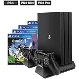 [Verbessert Ausführung] ieGeek Vertikaler Standfuß für PS4 / PS4 Pro / PS4 Slim, 4-in-1 Playstation Standfuß Spielekonsole mit 3 Kühler Lüfter, Dual Controller Ladestation, 12 Game Disc Speicher