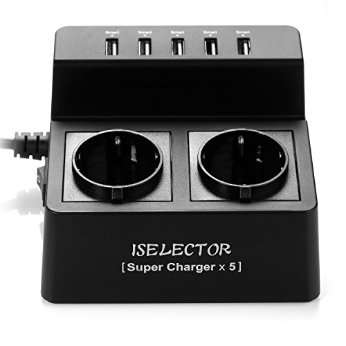 ISELECTOR Schaltbare 2 Fach Steckdosenleiste Mehrfachsteckdosen mit 5 USB Anschlüsse und 1700J Überspanungsschutz 2500W/10A schwarz - 2