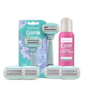 LetsShave Evior 6 Blades Full Body Hair Removal Razor for Women with 4 Blade Refills/Cartridges & Whipped Shave cream for Women | Shaving Kit for Women