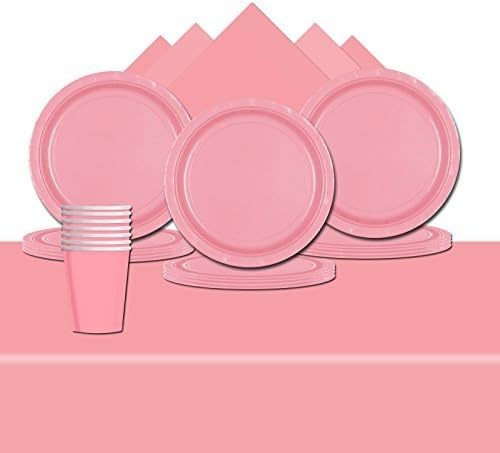 Tableware Complete Party Supplies Pack For 8 - Cups, Napkins, Plates And Rectangular Table Cover (Baby Pink)