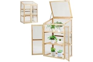 FANTASK Serre surélevée à 3 étages en Bois résistant aux intempéries avec 2 Portes et Couvercle, fenêtre en Polycarbonate, Plate-Bande pour Plantes, Armoire d'élevage, 60 x 45 x 100 cm, Naturel