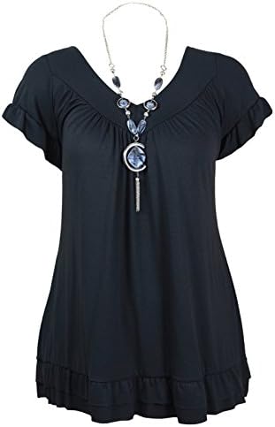 ASBAHFASHION Women’s Frill Necklace Gypsy plus Size Short Sleeve V Neck Tunic Top BLACK 5XL (22)