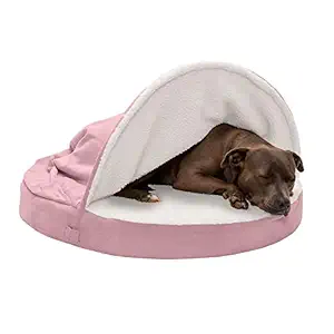 Furhaven Pet Dog Bed | Cooling Gel Memory Foam Orthopedic Round Faux Sheepskin Snuggery Pet Bed for Dogs & Cats, Pink, 35-Inch