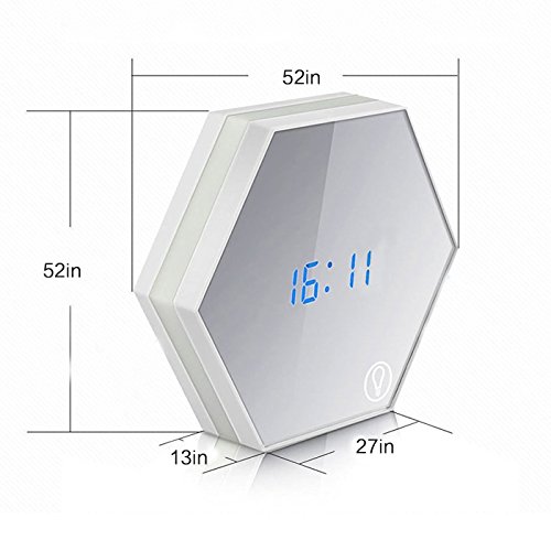 5-in-1 LED Digital Wecker MULTIFUNKTIONS-UHR | Reise-Wecker | Tischuhr | Nachtlicht mit Touch-Dimm-Funktion | Thermometer | Spiegel | Uhrzeit/3 Alarmzeiten/Temperatur-Anzeige | per USB Aufladbar Weiß-Silber - 6
