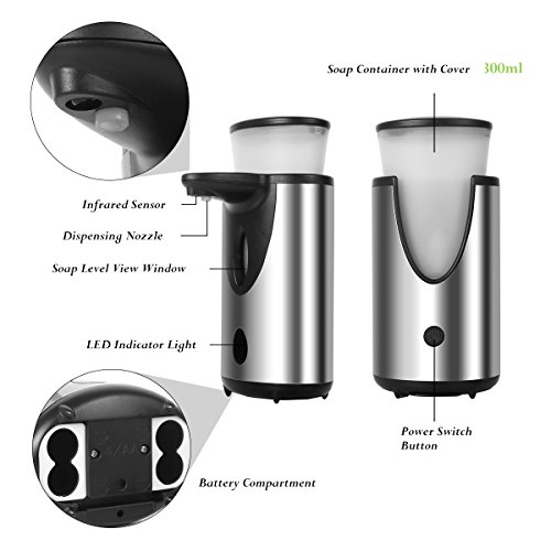 Seifenspender Sensor Infrarot Ohne Bohren 300ML / Automatisch Berührungslos Elektrisch / Edelstahl Set Nachfüllbar Gebürstet Design / Automatik Seifendosierer für Dusche Küche Bad / Soap Dispenser Automatic - 4