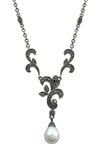 esse Damen Collier 925 Silber vintage-oxidized Süßwasser-Zuchtperle weiß Markasit Süßwasser-Zuchtperle Weiß 47 cm