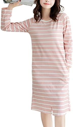 Female Pajamas Spring And Autumn Cotton Long Sleeve Nightdress Girls’Stripe Loose Tracksuit,Pink-XXL