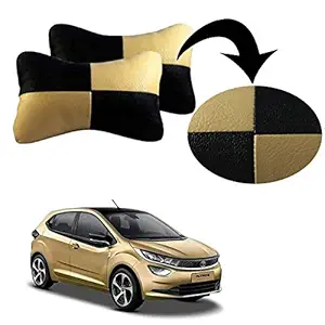 PulGos Beige Check Design Car Neck Rest Cushion with Adjustable Straps_1