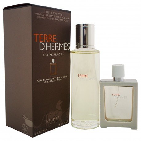 Hermès Terre d'Hermes Eau Tres Fraiche, Profumo da viaggio ricaricabile 30 ml e ricarica 125 ml