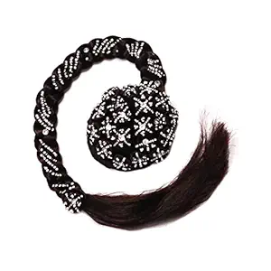 HEAVEN Natural Black Long Heavy Hair Bun With Braid For Women And Girls Pack Of 1pc Black
