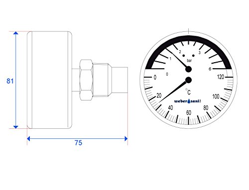 Thermo-Manometer 1/2 Zoll Rückeingang Manometer Ø80mm 6BAR 120C - 2