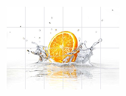 FoLIESEN Fliesenaufkleber für Bad und Küche - Fliesenposter Splashing Orange - Fliesengröße 15x15 cm - Fliesenbild 45x30 cm (BxH)