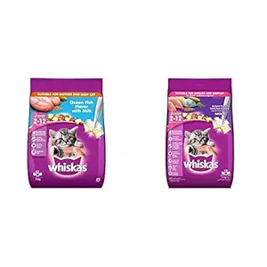 Whiskas Kitten (2-12 Months) Dry Cat Food, Ocean Fish Flavour with Milk, 3 Kg Pack & Kitten (2-12 Months) Dry Cat Food, Mackerel Flavour, 1.1Kg Pack