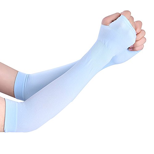 Qingsun Manches de Bras avec Gants de Protection Anti UV pour le Vélo, la Pêche, la Conduite, le Golf(Bleu)