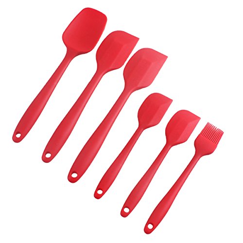 6-teiliges Silikon Mixer Teigschaber Backpinsel Set – Silikonschaber Küchengeräte Kleine Schmal Teigspachtel – Backzubehör Küchenhelfer Set Topfset Kochbesteck – mit stabilem Edelstahlkern zum Kuchen Backen und Mixen in Rot - 6