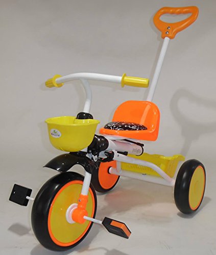 Kyootsi Pedal Trike Tricycle for Baby with Push Bar and Basket - Foldable for Easy Transport - Kid's Child's First Trike or Use the Handle to Help Them Along - RED OR ORANGE (Orange)