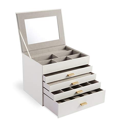 Preisvergleich Produktbild Beautify Schmuckkästchen Weiß Kunstleder mit 5 Fächern- Aufbewahrungsbox mit Samt Interieur für Uhren, Ringe, Halsketten, Armbänder, Broschen, Haarschmuck und vieles mehr