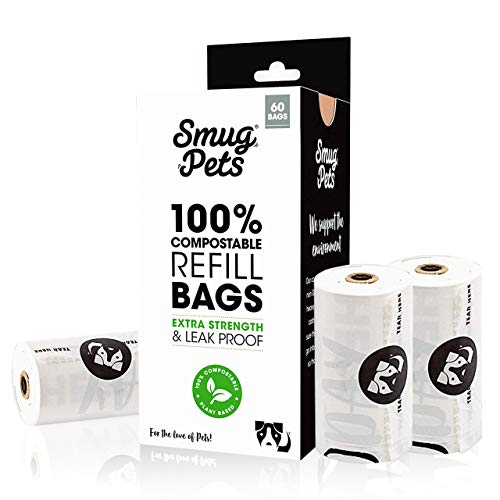 SmugPets - 60 Sacchetti Premium per Escrementi Cane - compostabili, inodori - 4 Rotoli