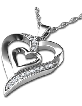 DEPHINI Doppel Herz Anhänger Halskette | Zirkonia | 925 Sterling Silber Herz Halskette | Frauen Schmuck | Geschenke...
