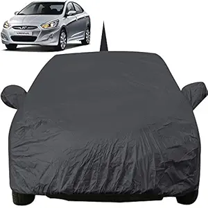 Autofact Car Body Cover with Mirror Pockets, Triple Stitched, Bottom Fully Elastic, Checks Design Compatible for Hyundai Verna Fluidic 2011 to 2016 (Grey)