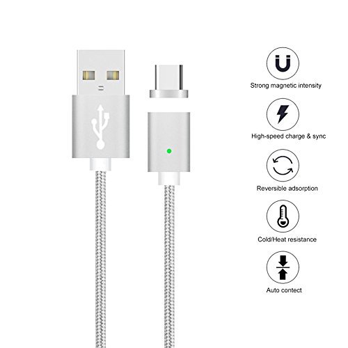 USB C Cable Magn  tico  TUOYA Magn  tico Nylon Fast Cargador y de datos USB de tipo C 3 0 con Conector Reversible para el Nuevo Apple MacBook 12   MacBook Pro  ChromeBook Pixel  Nokia N1 Tablet  Samsung Galaxy S8   A3 2017   A5 2017 Huawei P9   P9 Plus   Honor 8   Mate 9  2xPlata 