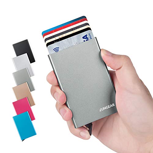 Preisvergleich Produktbild LunGear Kreditkartenetui mit RFID Blocking Schutz Slim Aluminium Kreditkartenhalter Mini Metall Geldbörse hält 7 Karten für Damen und Herren(Grau)
