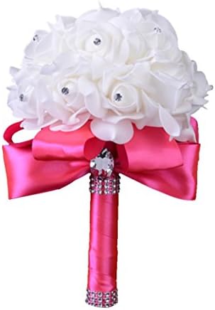Winwintom Crystal Rose Pearl Bridesmaid Wedding Bouquet Artificial Silk Flowers (Hot Pink)