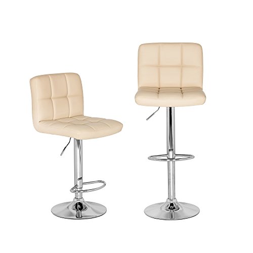 Bar Stools Bros Pair of Cube Bar Stools Faux Leather Top Quality Adjustable, 360-degree swivel, Chrome Footrest And Ideal for Kitchen, Bars, Restaurants, Surgeries, Reception Areas (2 Pcs) (Cream)