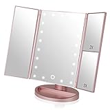 Easehold Make Up Mirror 1X/2X/3X Magnifying Light Up Mirror, Tri-fold Led Illuminated Tabletop Vanity Mirror with Lights, Touch Screen Dimming 180 Rotation (Rose Gold)