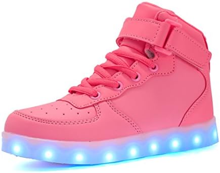 Bevoker Kids LED Light Up Trainers High Top Hook and Loop Flashing Shoes for Boys Girls, 10 UK, Pink
