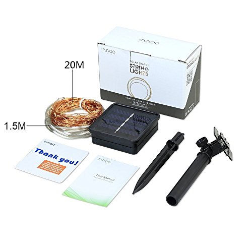 InnooLight 200er LED Solar Kupferdraht Lichterkette Warmweiß & Hellgelb 20 Meter, mit 1,5 Meter Zuleitung, Wasserdichte Solar Außen Sternen Lichterketten Beleuchtung mit 8 Modi und Memory-Funktion für Indoor und Outdoor Dekoration - 7