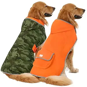 HDE Reversible Dog Raincoat Hooded Slicker Poncho Rain Coat Jacket for Small Medium Large Dogs (Camo/Orange, XL)