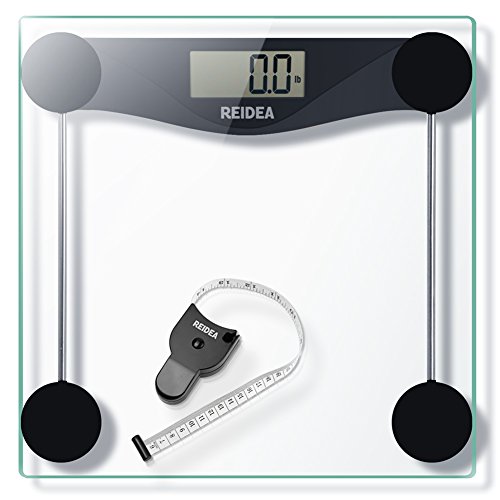 REIDEA Digitale Personenwaage Körperwaage aus Sicherheitsglas, 5kg-180kg, mit Großem LCD-Display, Batterie und Maßband, Schwarz