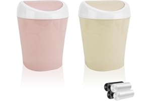 QLFJ-FURDEC 2PCS Small Bin with Lid, Plastic Mini Desktop Bins and 6 Rolls Bin Liners, Colorful Office Desk Compact Trash Can, Waste Paper Tea Bag Bathroom Bins for Vanity Tabletop,10.5x10.5x16.5cm (2PCS)