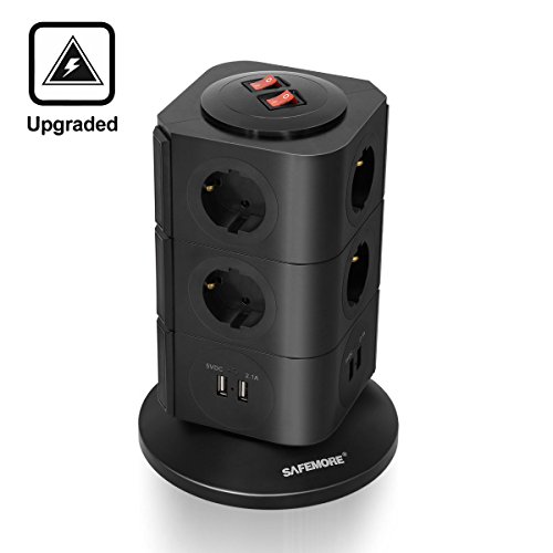Preisvergleich Produktbild SAFEMORE Schaltbare 10 Fach Steckdosenleiste Überspannungsschutz Mehrfachsteckdosen Steckdosenturm 4 USB Anschlüsse mit Schalter Stromsparend Blitzschutz 2500W / 10A 2M Verlängerungskabel für Büro Haushalt TV(Pures Schwarz)