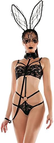 Top Totty Black 3pcs Role-play Bunny Lace Playsuit with Collared Leash (One Size 6-8)