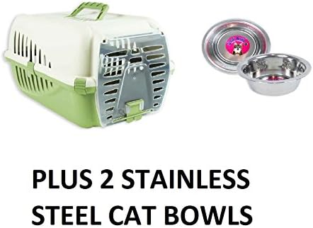 Pet Cat Carrier/Box/Transporter Green &amp; Light Grey &amp; 2 Food/Drink Bowls