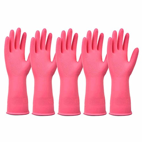 RenShiMinShop Red latex non-slip durable gloves kitchen multifunctional waterproof, oil gloves (Size : Five pairs)