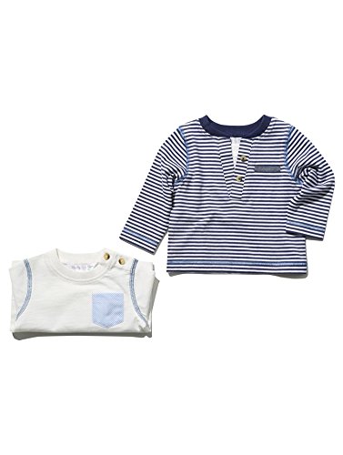 M&Co Baby 100% Cotton Long Sleeve Pocket Front Stripe Plain Casual T-Shirts - 2 Pack White 12/18 Mnth