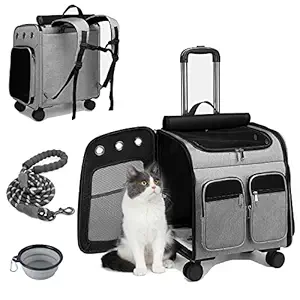 ELEGX Pet Rolling Carrier Backpack with Detachable Wheels, Collapsible, Breathable Mesh with Cup Holder, Easy to Handle, Spacious for Small Dog & Cat Visiting Vet Appointment (Large Black)