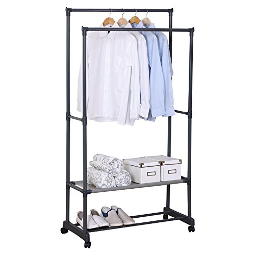WOLTU SR0022-1 Kleiderständer Garderobenständer mit dem Ablage , Teleskop Wäscheständer auf Rollen , ausziehbar , Grau (83x39x161cm)