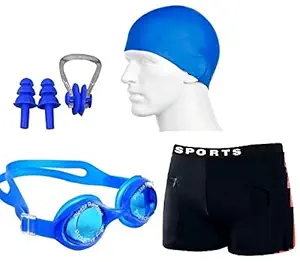 Toyshine Swimming Combo for Boys (6 to 10 yrs) -1 Trunk | 1 Goggles |1 Silicone Swimming Cap |1 Nose Clip and 2 Ear Plugs (Pro Quality), Design and Color May Vary SSTP