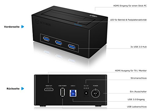 Icy Box IB-118U3-SPC Stick-PC Dockingstation & Speichererweiterung für 2,5″ (6,35 cm) & 3,5″ (8,9 cm) SATA HDD/SSD, HDMI In/Out, 3x USB 3.0, schwarz - 5