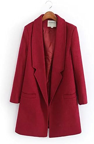 DYF Women Coat Windbreaker Solid Color Lapel Long sleeve Pocket No buckle,Wine Red,L