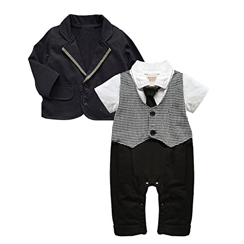 ZOEREA Infant Toddler Boy Baby Tuxedo Onesie With Necktie Gentleman Romper Jumpsuit Outfit Plaid Striped Clothes Great Costume for Special Occasions like Halloween, Christmas
