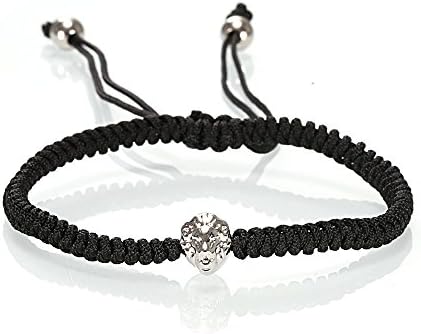 Adjustable Nylon Black Rope Braid and Stainless Steel Lion Head Bracelet Steel Plated Color